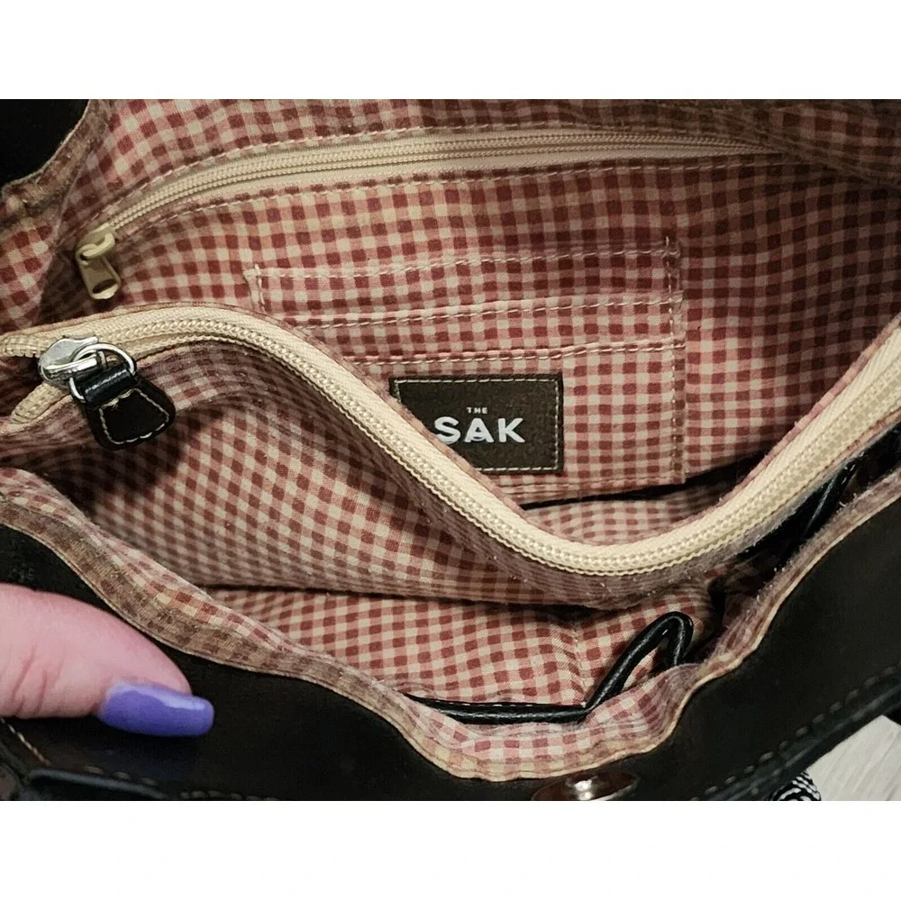 The Sak Pebbled Leather Contrast Stitch Gingham Lining‎ Shoulder Handbag Black